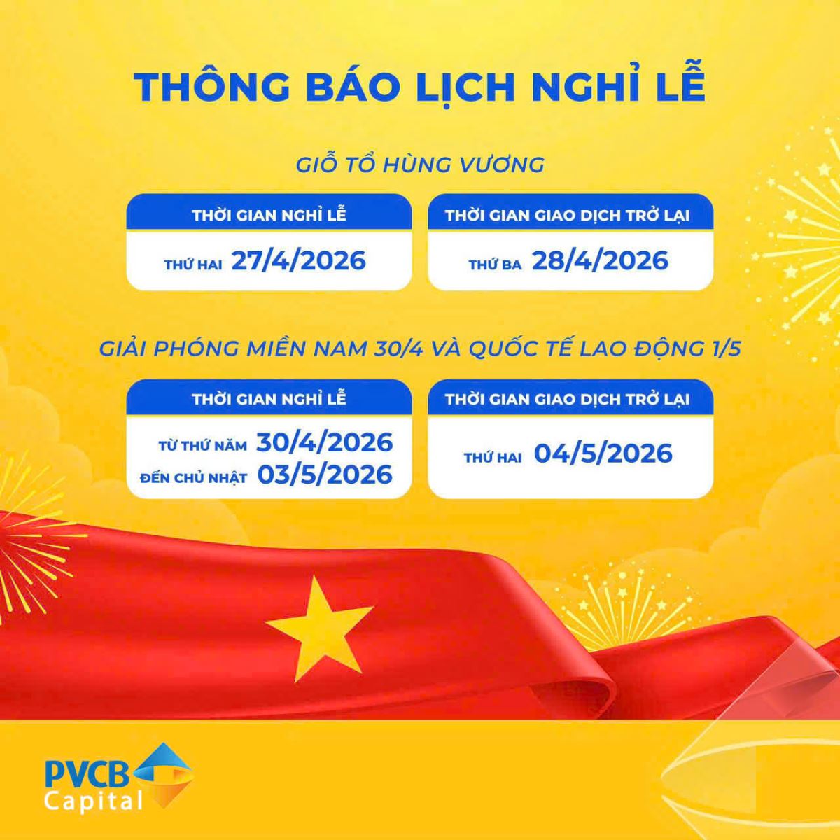Thông báo lịch nghỉ lễ ngày Giỗ Tổ Hùng Vương (10/03 Âm Lịch), ngày Giải phóng Miền Nam 30/04 và ngày Quốc tế Lao động 01/05 năm 2026 